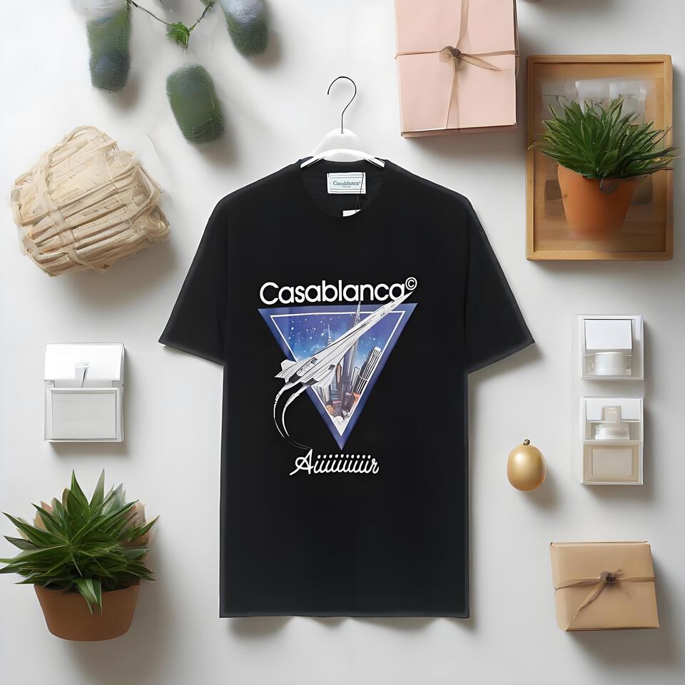 Casablanca Unisex Black Cotton T-Shirt Streetwear Graphic Tee