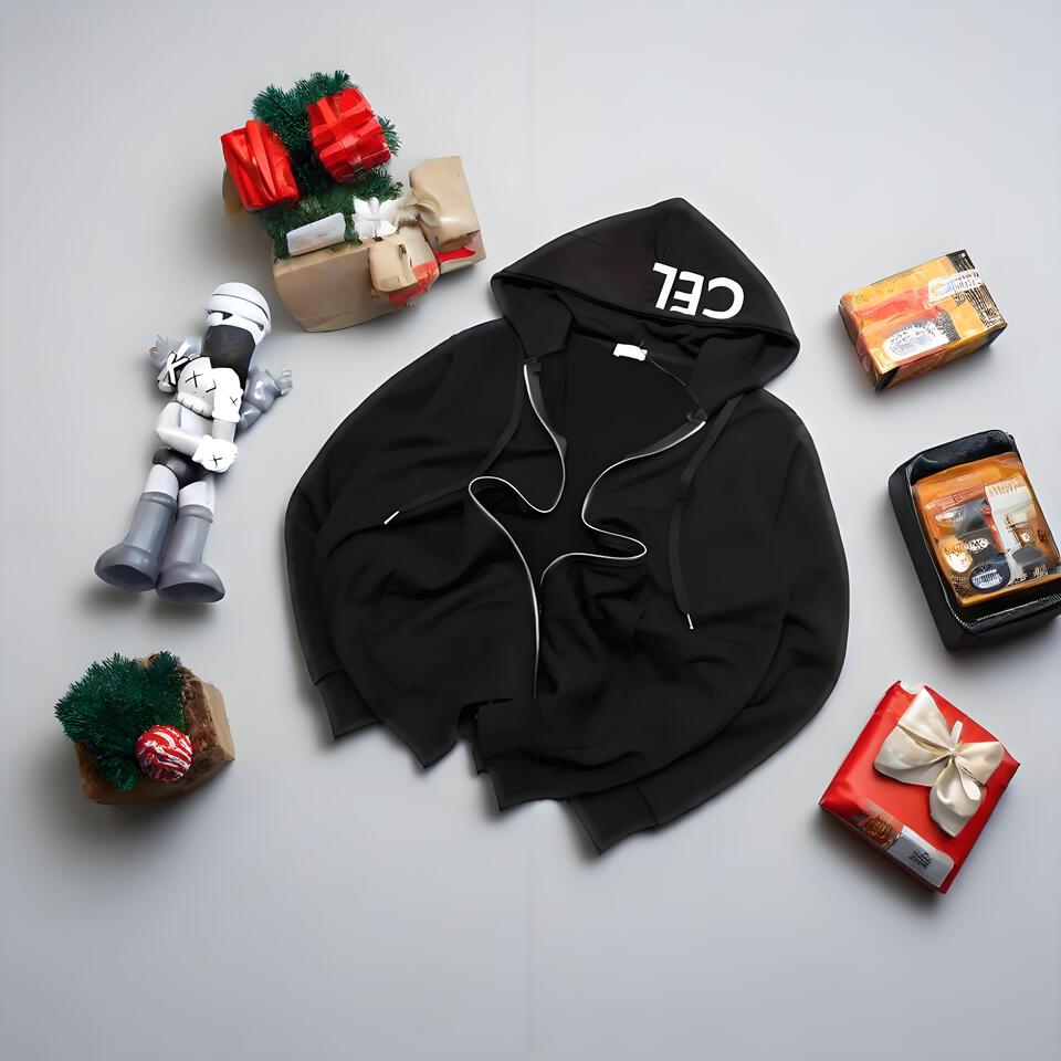 CEL Black Cotton Hooded Sweatshirt Unisex Streetwear Zip-Up