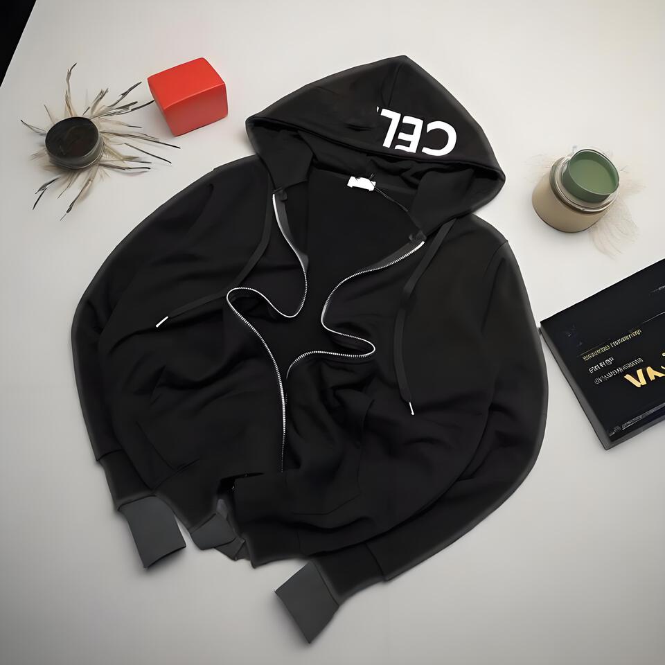 Celine Unisex Black Cotton Hooded Zip-Up Streetwear Jacket