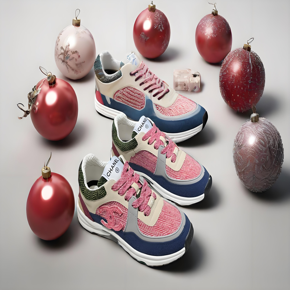 CHANEL Beige Green Blue Woven Leather Sneakers