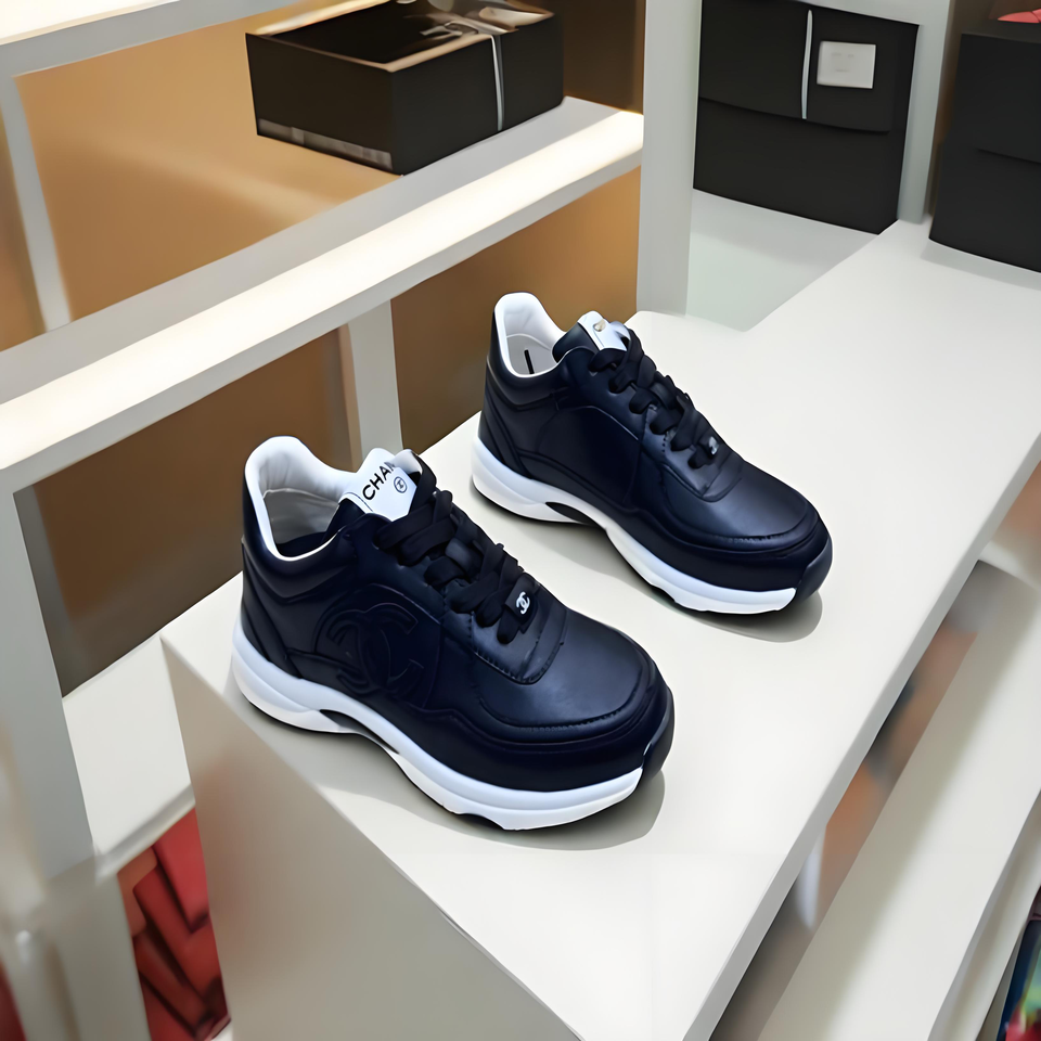 Chanel Black Leather CC Logo Sneakers | Casual Athletic Shoes