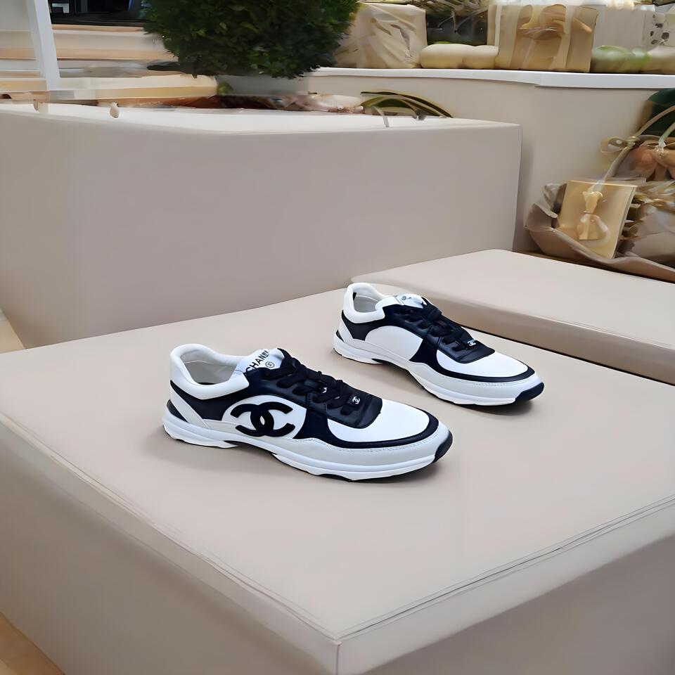CHANEL Classic Black White CC Leather Sneakers