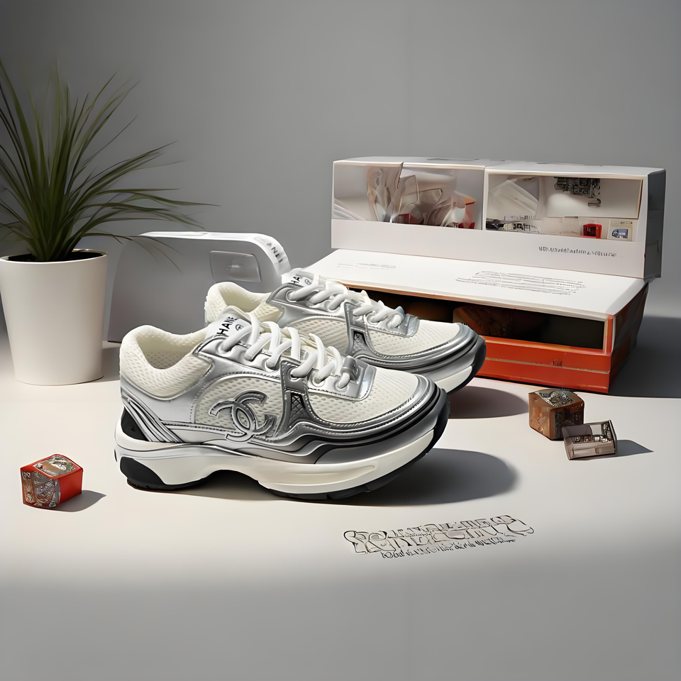 Chanel Dad Shoes Silver White Mesh C Logo Platform Sneakers