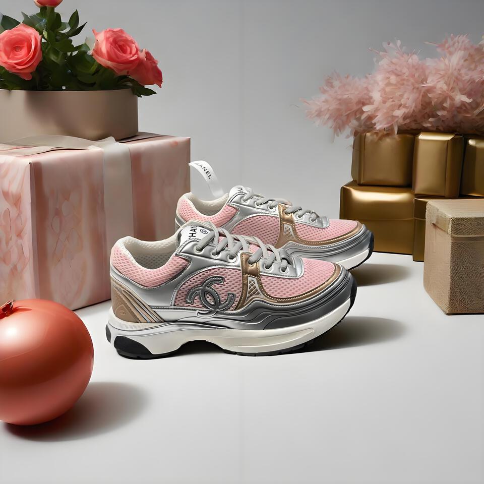 CHANEL Dad Sneakers Pink Silver Gold Leather Mesh Platform Casual Shoes