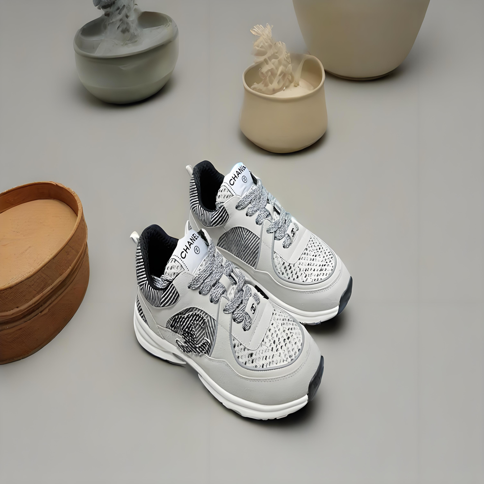 CHANEL Grey White Black Mesh Leather Sneakers