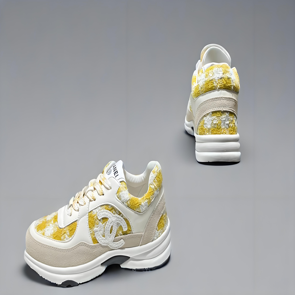 CHANEL Tweed White Yellow Platform Sneakers