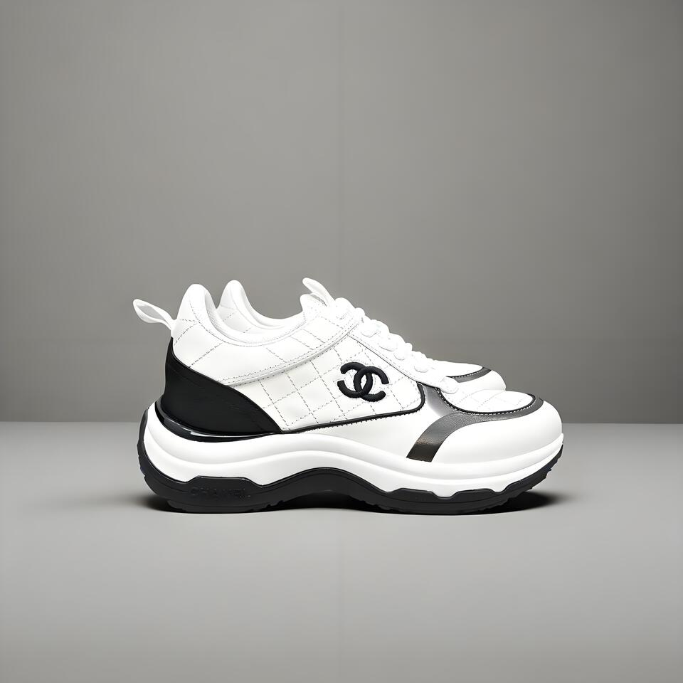 Chanel White Black Silver Quilted Platform Sneakers Unisex Dad Shoes