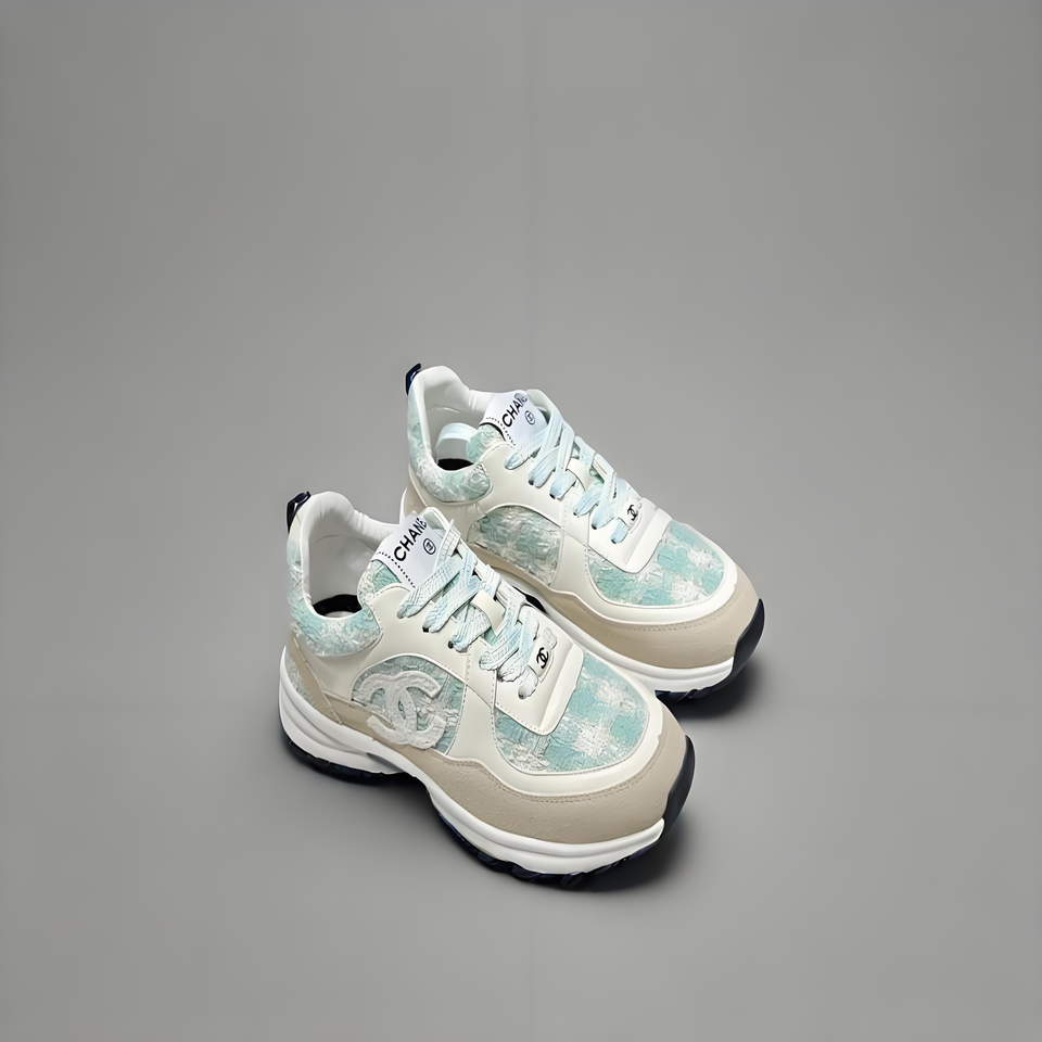 CHANEL White Green Tweed Retro Sneakers: Classic Vintage Sport Shoes