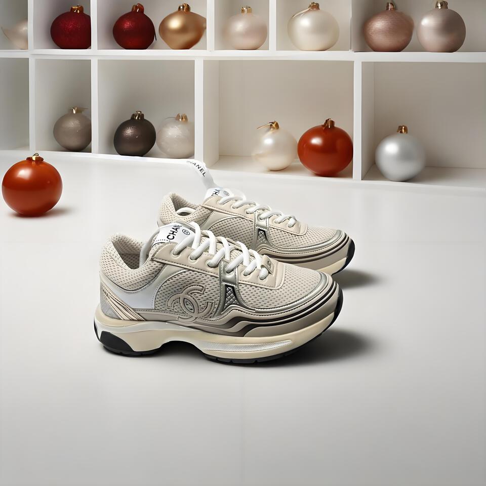 CHANEL White Mesh Dad Sneakers CC Logo Casual Shoes