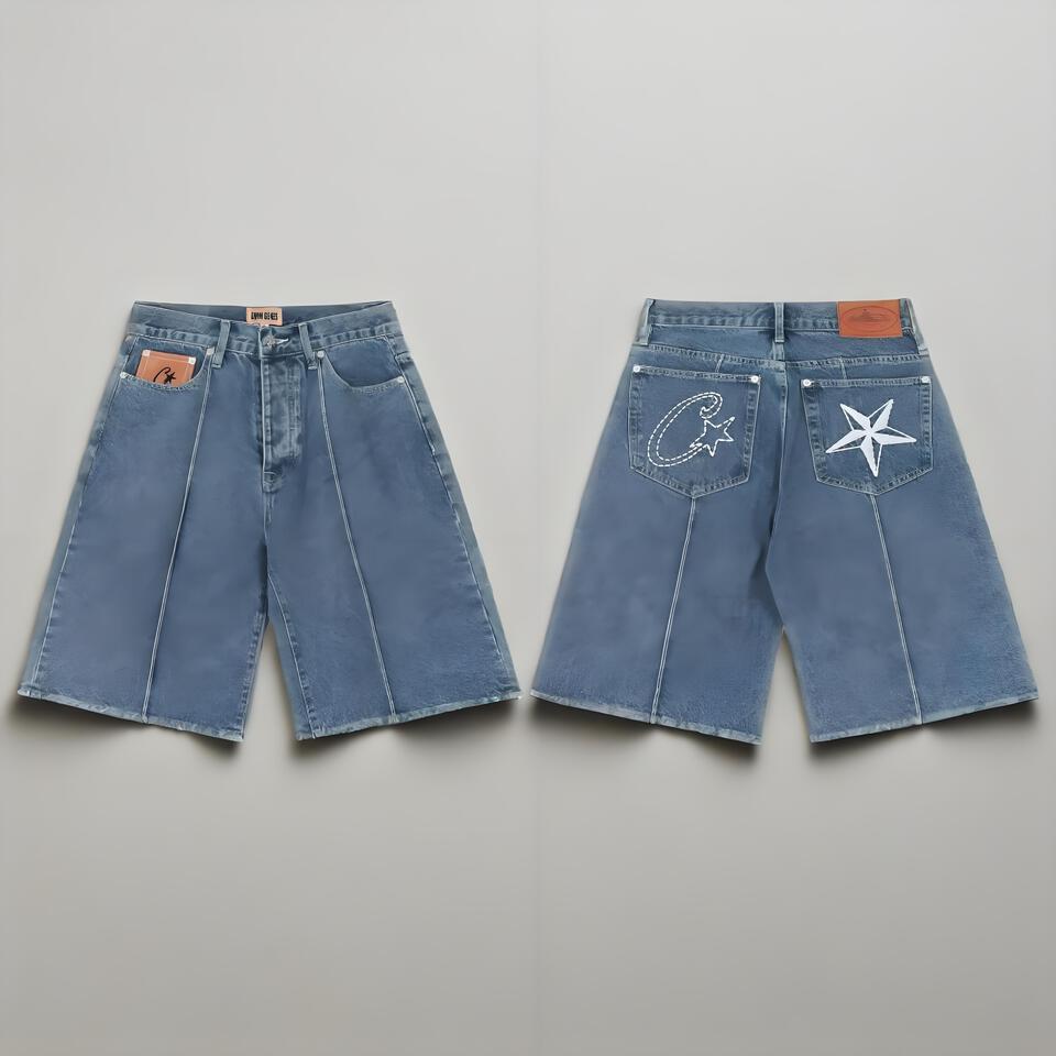 CHINISM Blue Star Denim Shorts Men Women Vintage Streetwear Fashion High Waisted