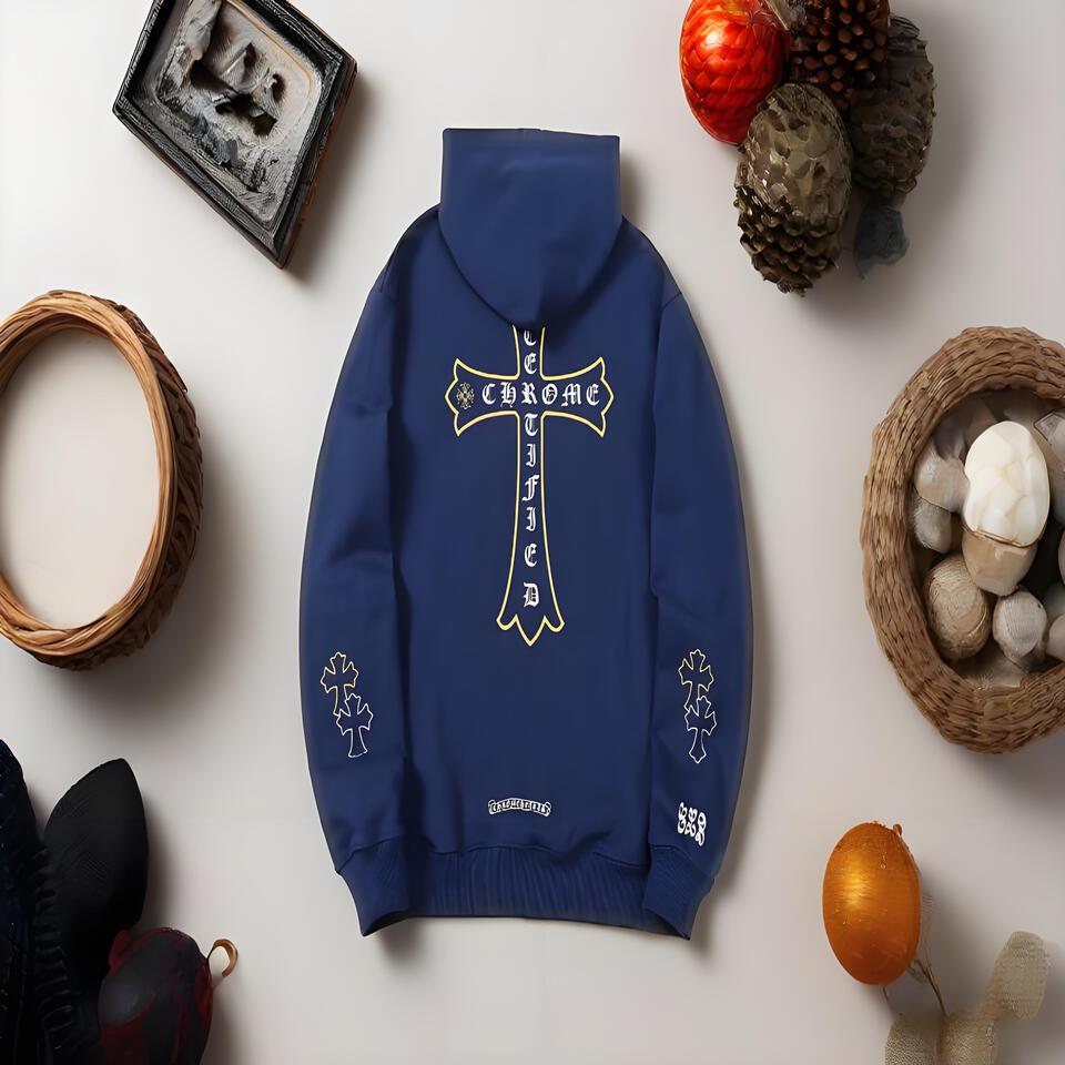 Chrome Deep Blue Cotton Hoodie with Cross Print Streetwear