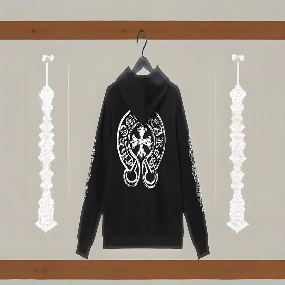 Chrome Hearts Black Cotton Hoodie Gothic Cross Streetwear