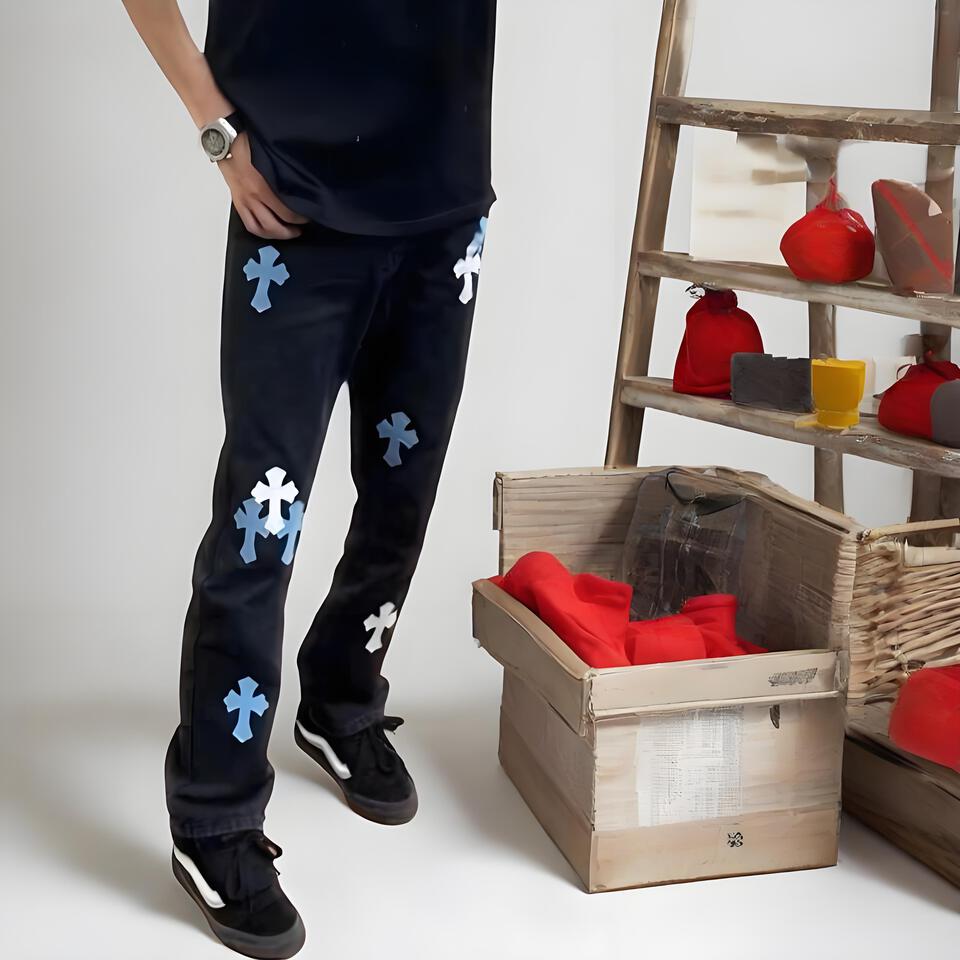 Chrome Hearts Black Denim Embroidered Cross Unisex Pants