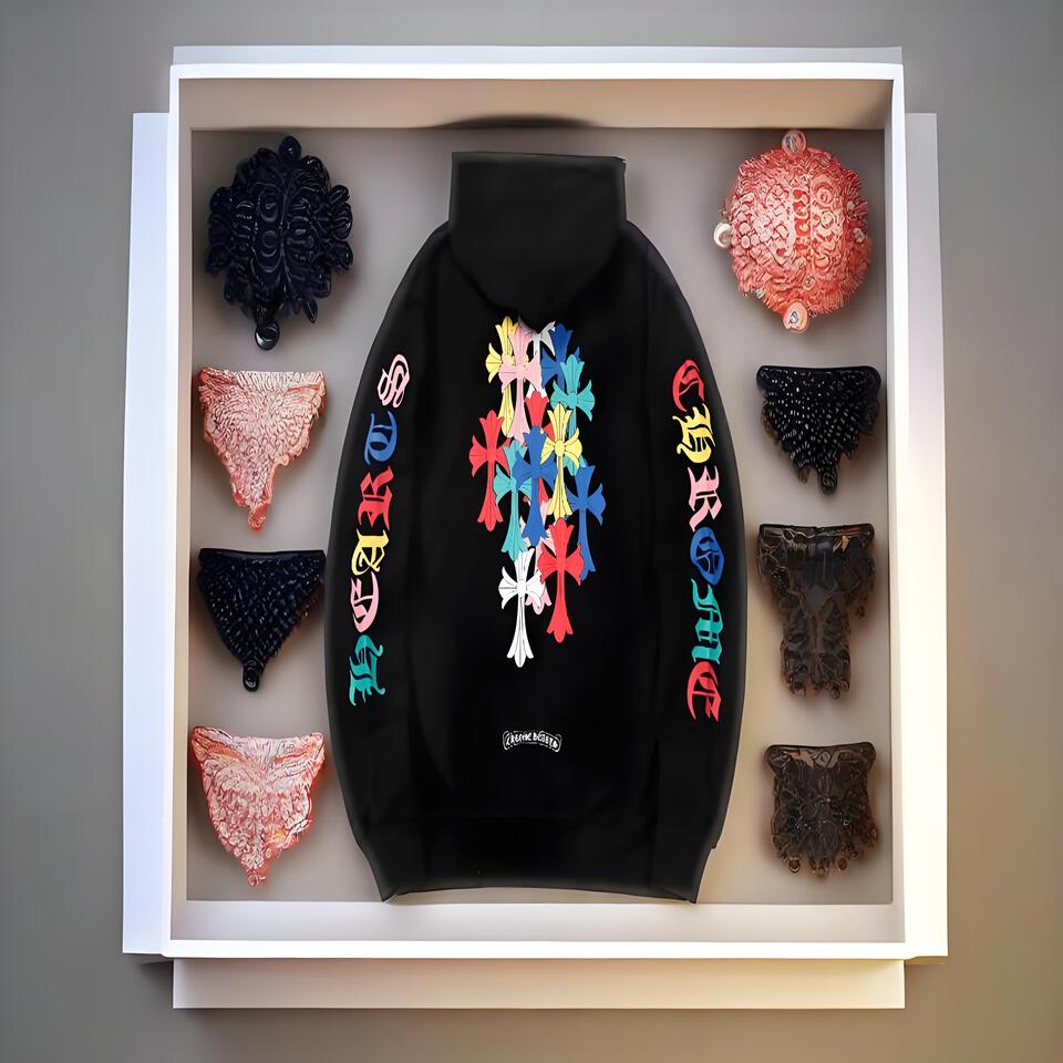 Chrome Hearts Black Hoodie Colorful Cross Embroidered Streetwear
