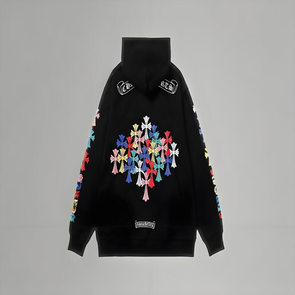 Chrome Hearts Black Hoodie Colorful Cross Embroidered Unisex