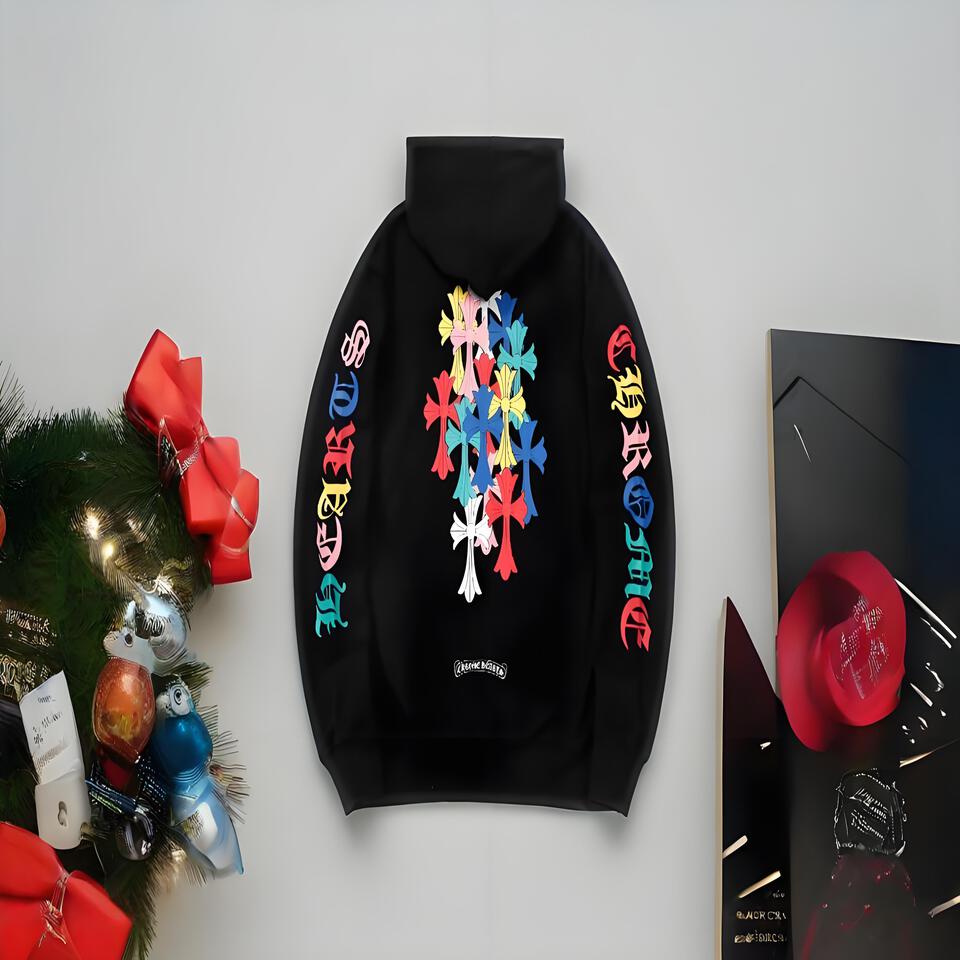 Chrome Hearts Black Hoodie Gothic Cross Print Unisex Streetwear