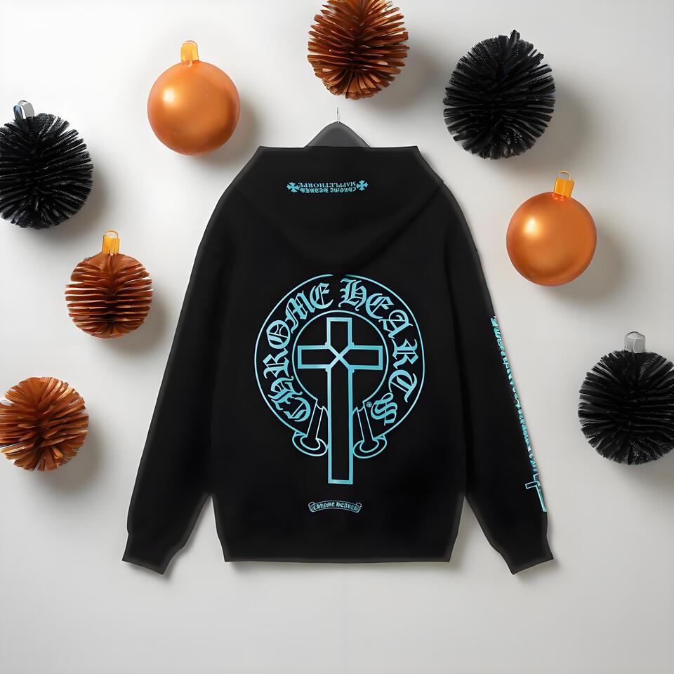 Chrome Hearts Black Hoodie Gothic Cross Streetwear