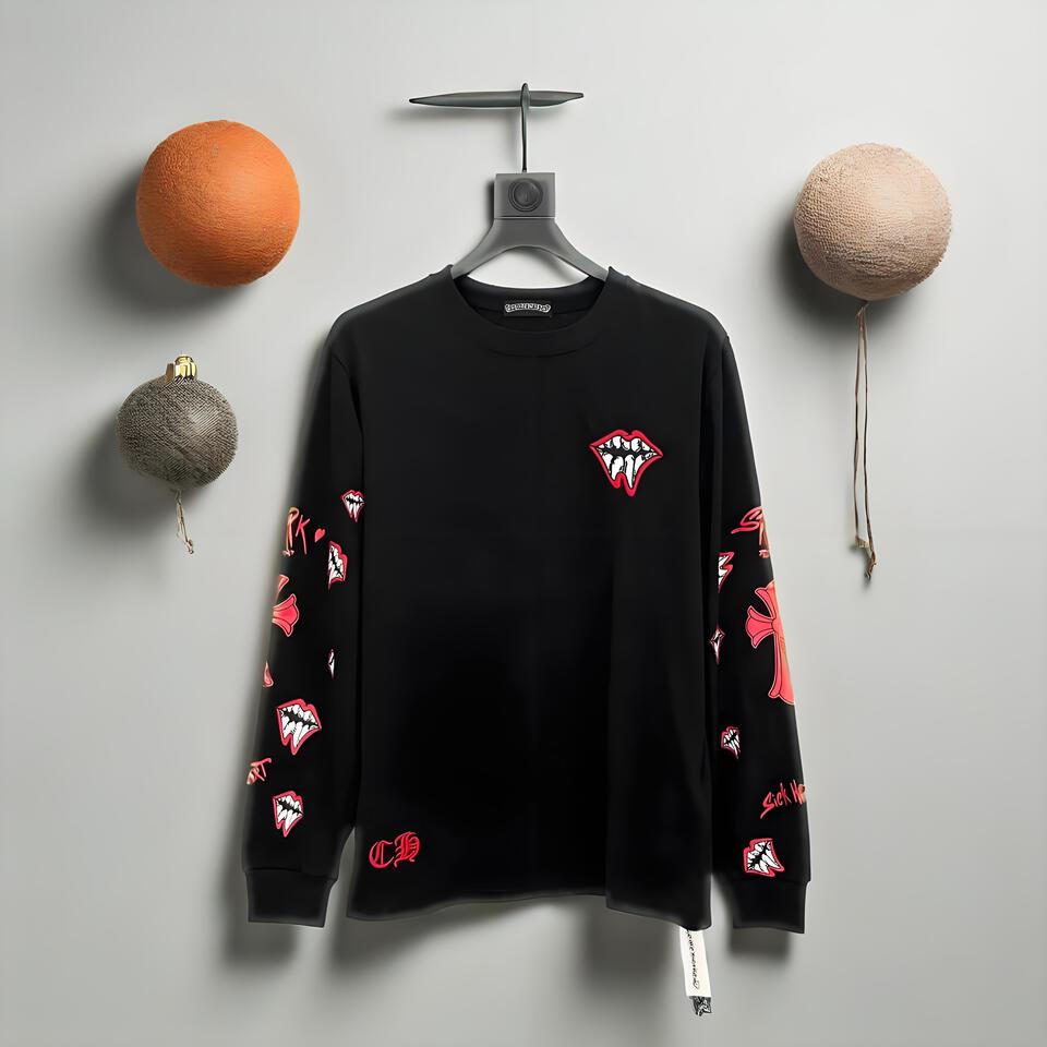Chrome Hearts Black Long Sleeve Tee Fangs & Lips Loose Streetwear