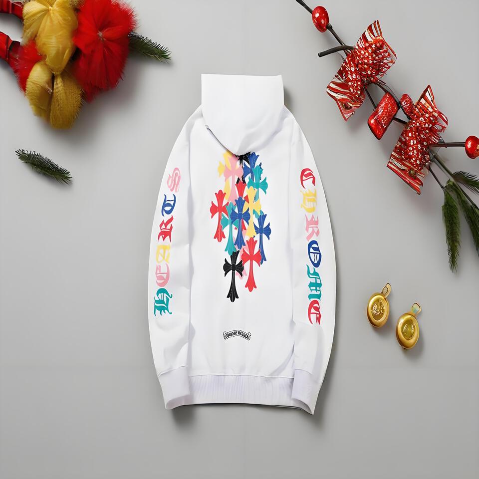 Chrome Hearts White Hoodie Colorful Cross Gothic Print Unisex
