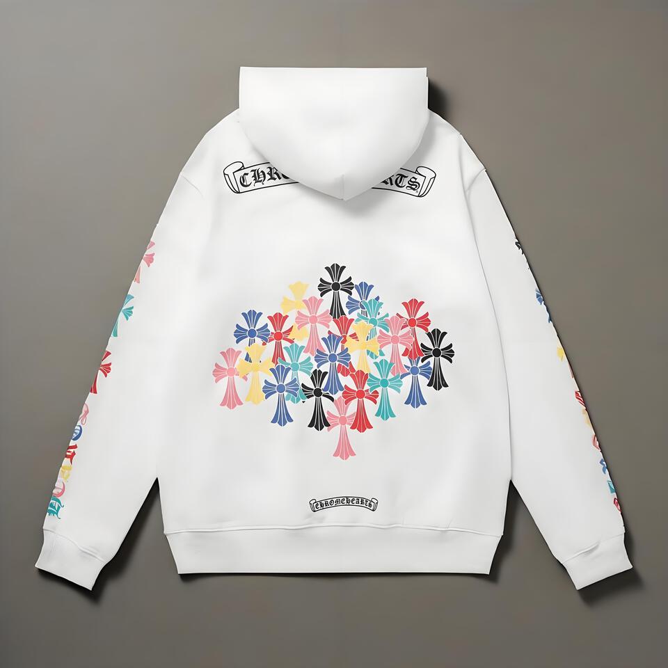 Chrome Hearts White Hoodie Cotton Cross Print Streetwear