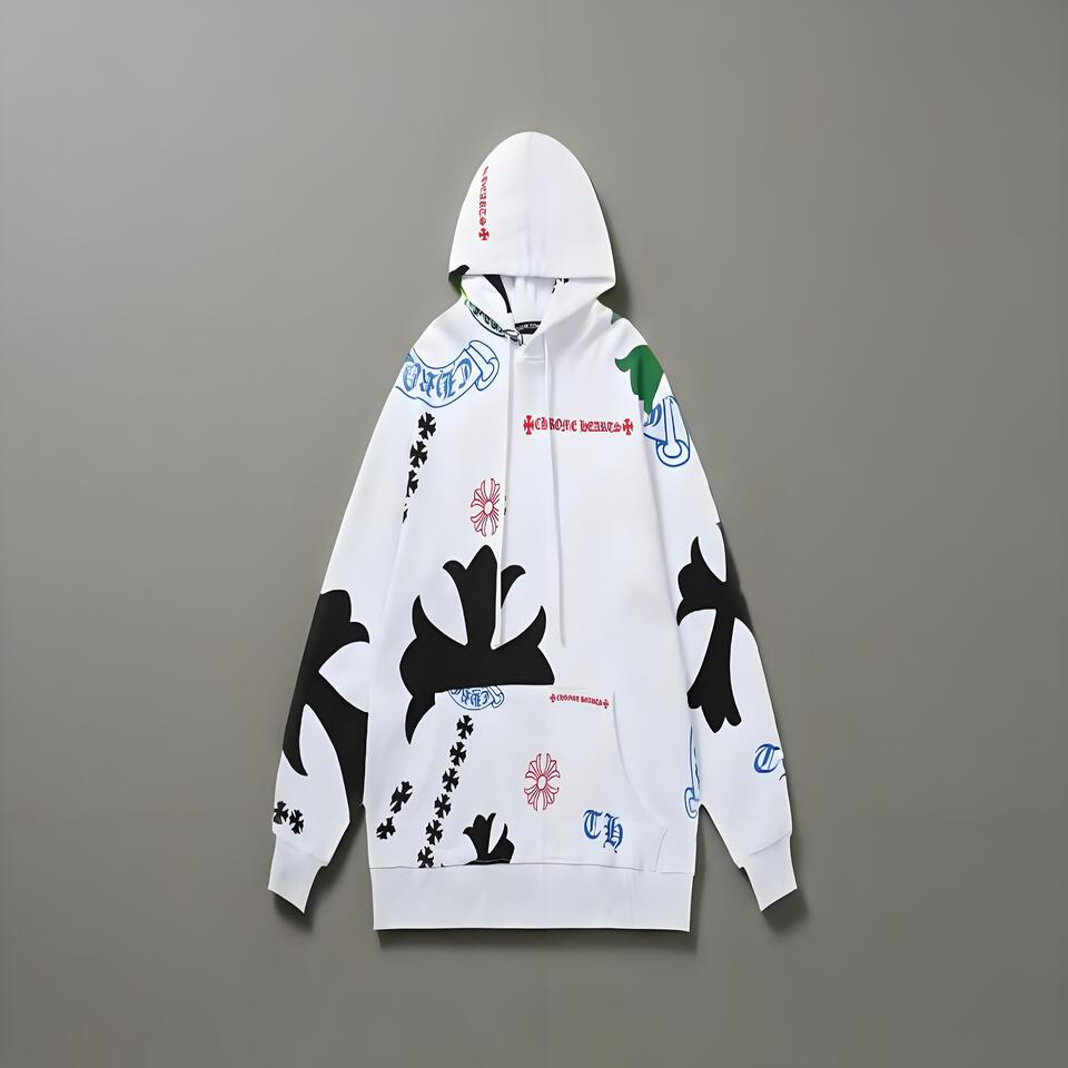 Chrome Hearts White Hoodie Cotton Cross Print Streetwear