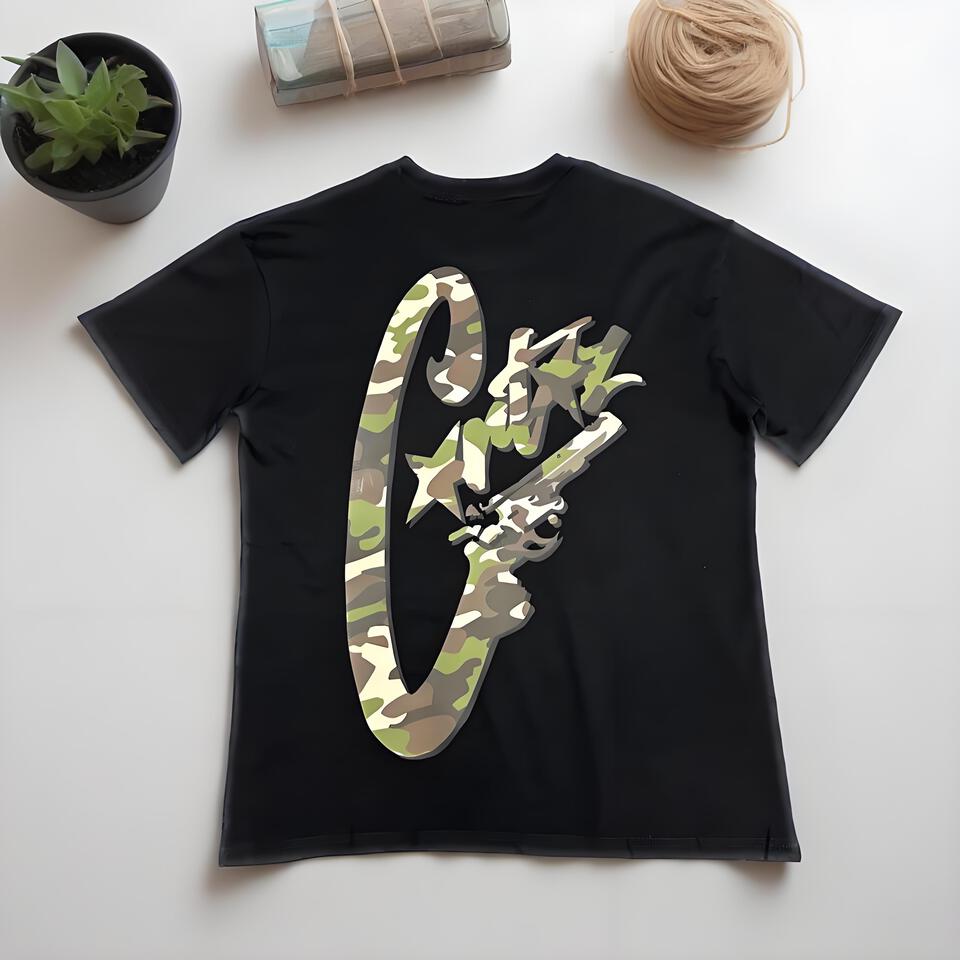 Corteiz Black Camo Print Cotton T-Shirt