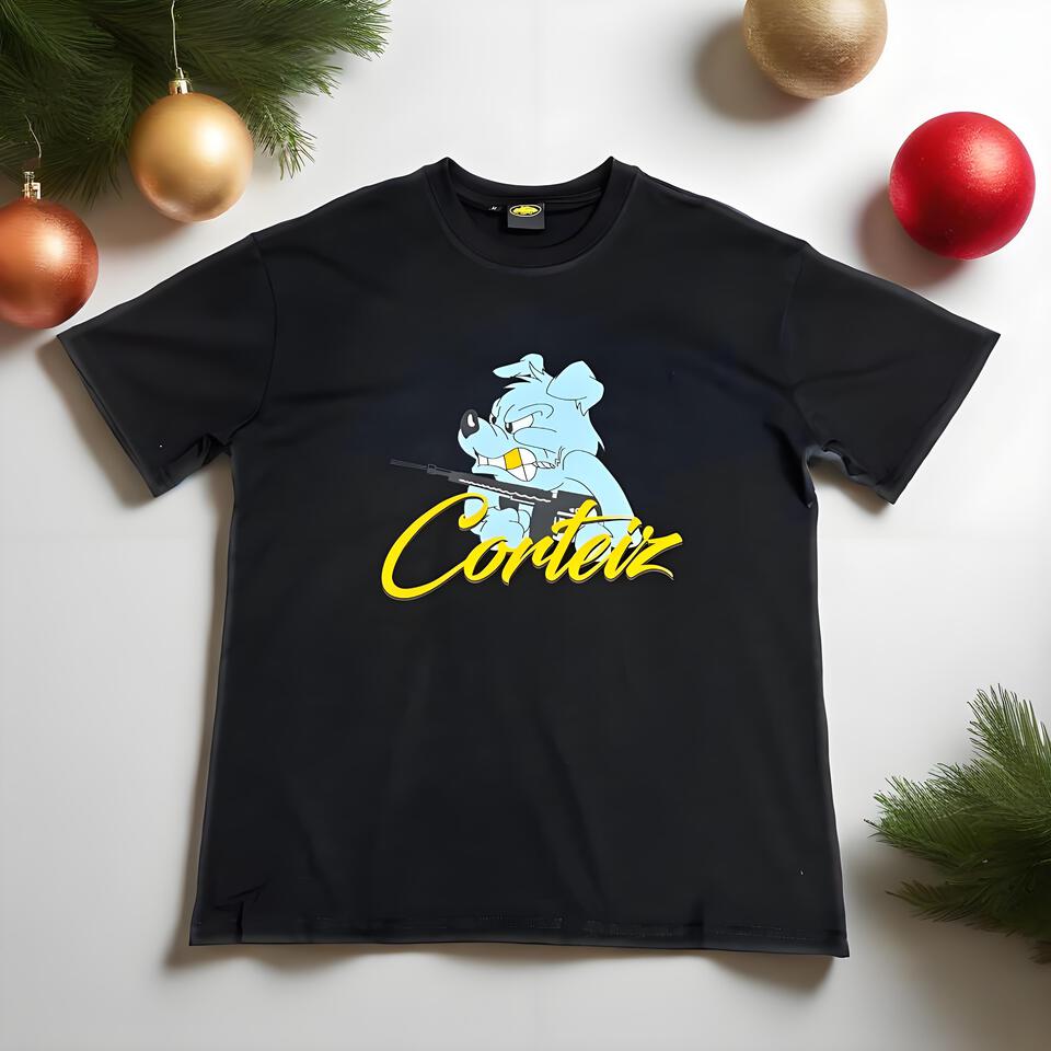 Corteiz Black Cotton Cartoon Dog Print Unisex T-Shirt