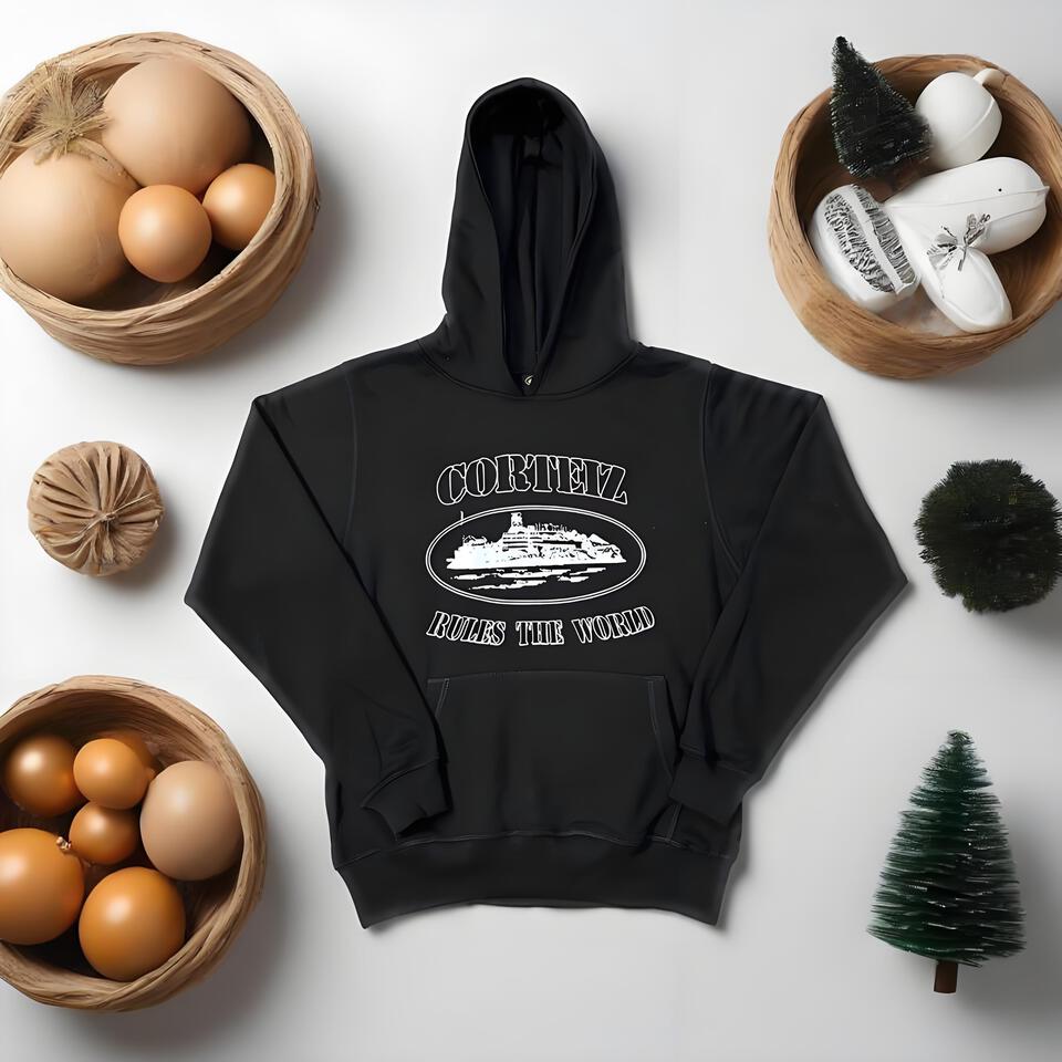 Corteiz Black Cotton Hoodie Unisex Streetwear Oversized Fit