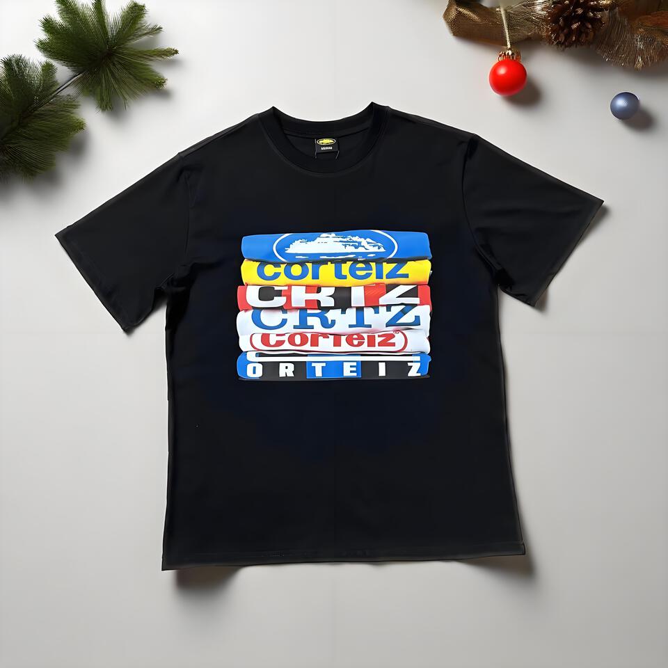 Corteiz Black Crew Neck Tee Colorful Stacked Streetwear Short Sleeve