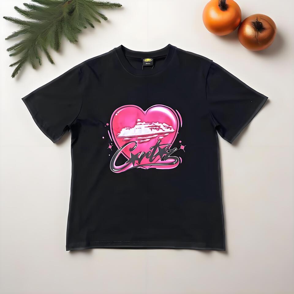 Corteiz Black Heart Print Cotton T-Shirt
