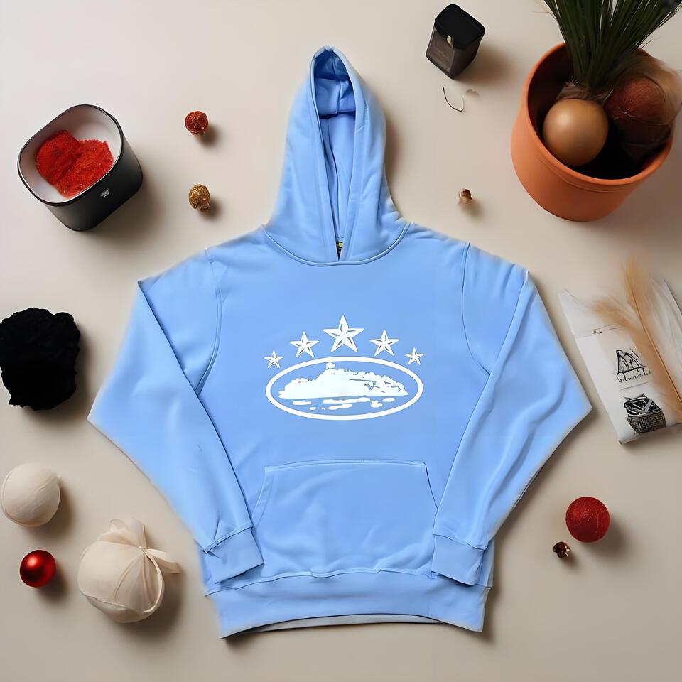 Corteiz Light Blue Hoodie Unisex Streetwear Print