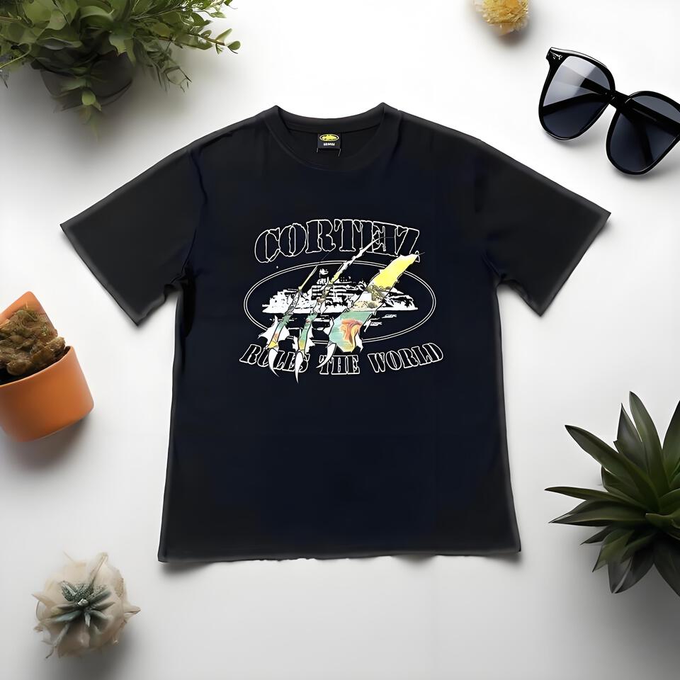 Cortiez Black Cotton Crew Neck T-Shirt Unisex Streetwear Print