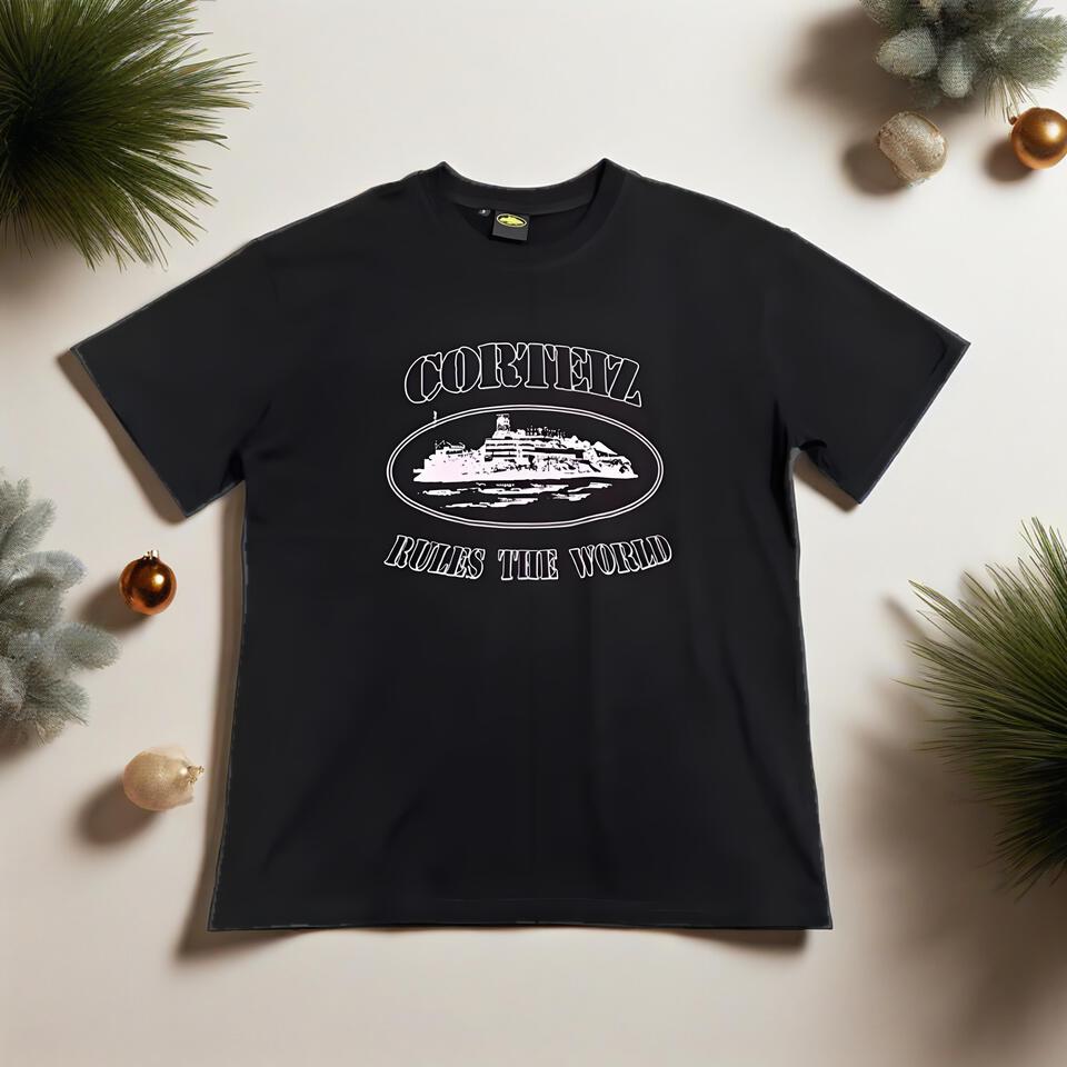Cortiez Black Cotton T-Shirt Unisex Streetwear Print Breathable