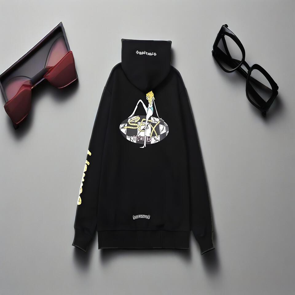 CREATURES Black Cotton Hoodie with Cartoon Print Street Style Unisex