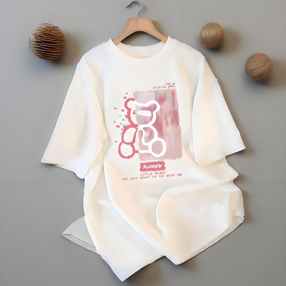 D-Fantasy White Cotton Cartoon Loose T-Shirt