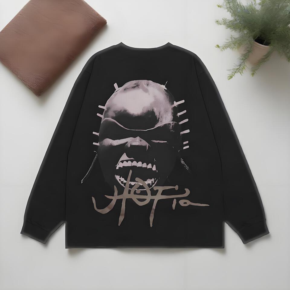 Dark Gothic Mask Totem Black Cotton Long Sleeve T-Shirt Unisex Streetwear