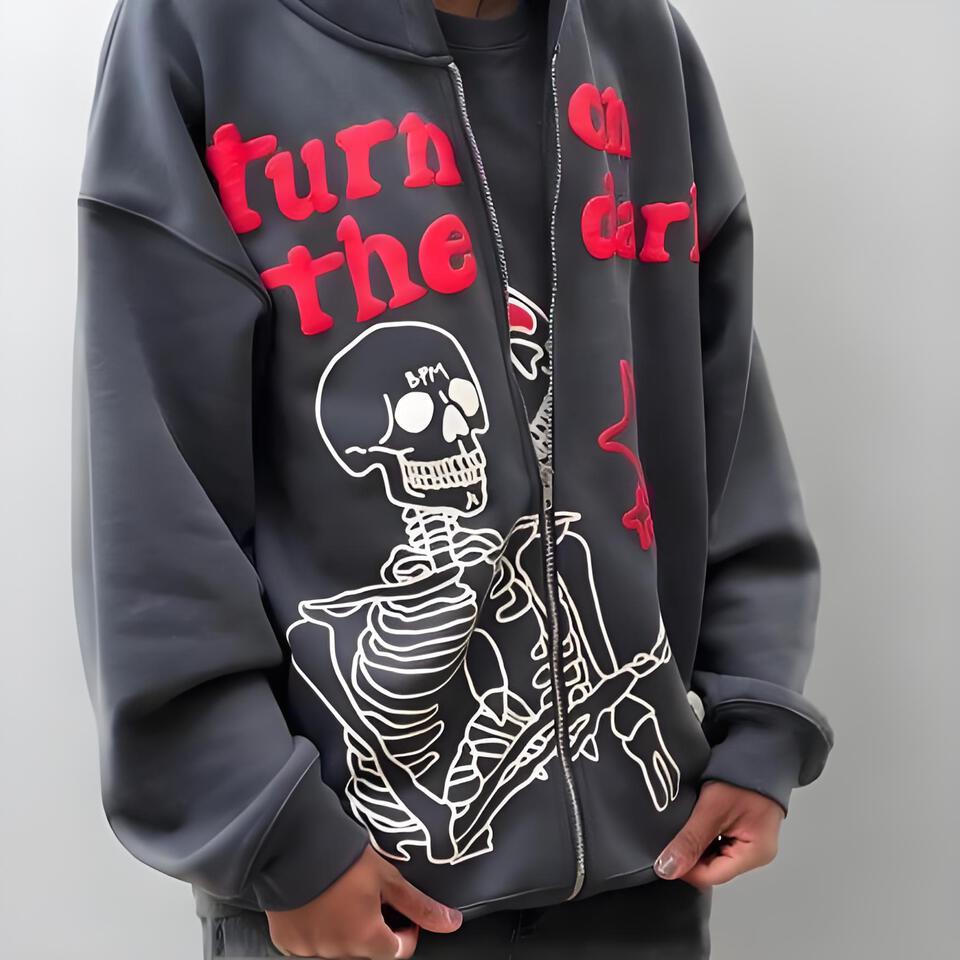 Dark Grey Embroidered Unisex Hoodie Street Fashion Oversized Cotton