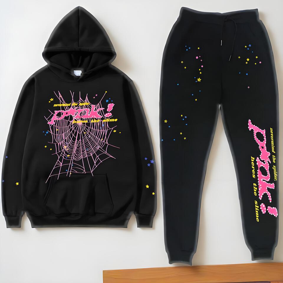 Dark Hooded Sweatshirt Set Spider Web Print Unisex Streetwear