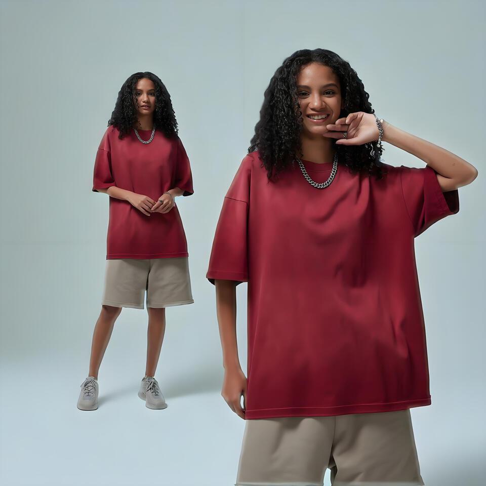 Dark Red Spray-Dye Cotton Oversized Unisex Street Tee
