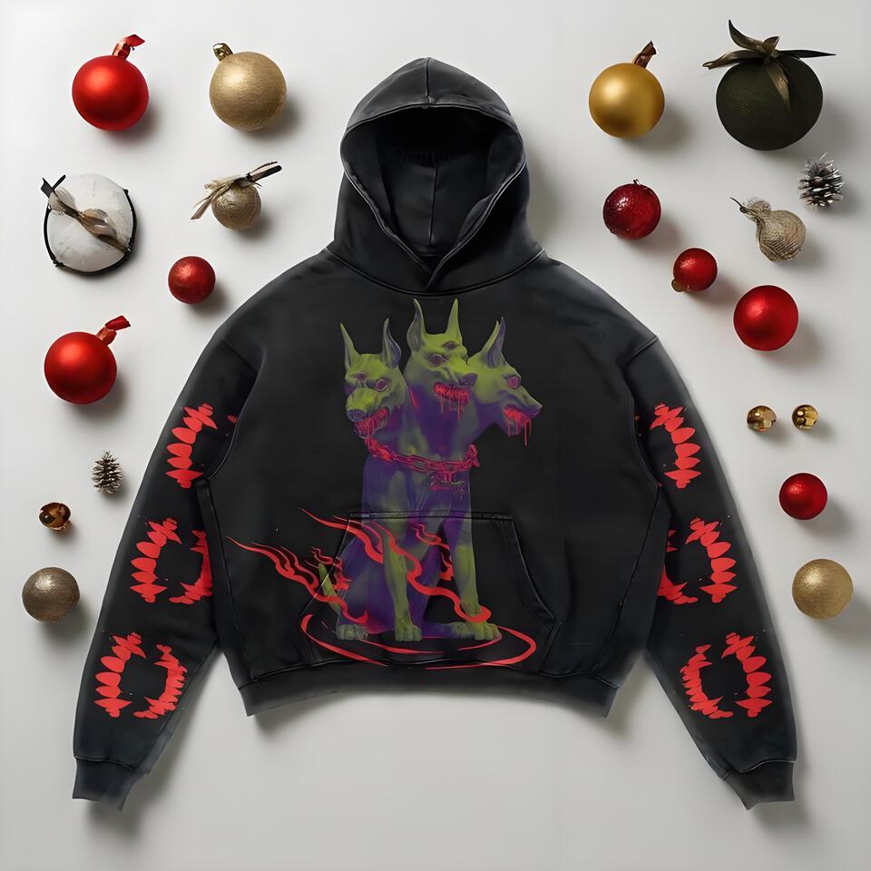 Dark Street Cerberus Print Hooded Cotton Sweatshirt Unisex