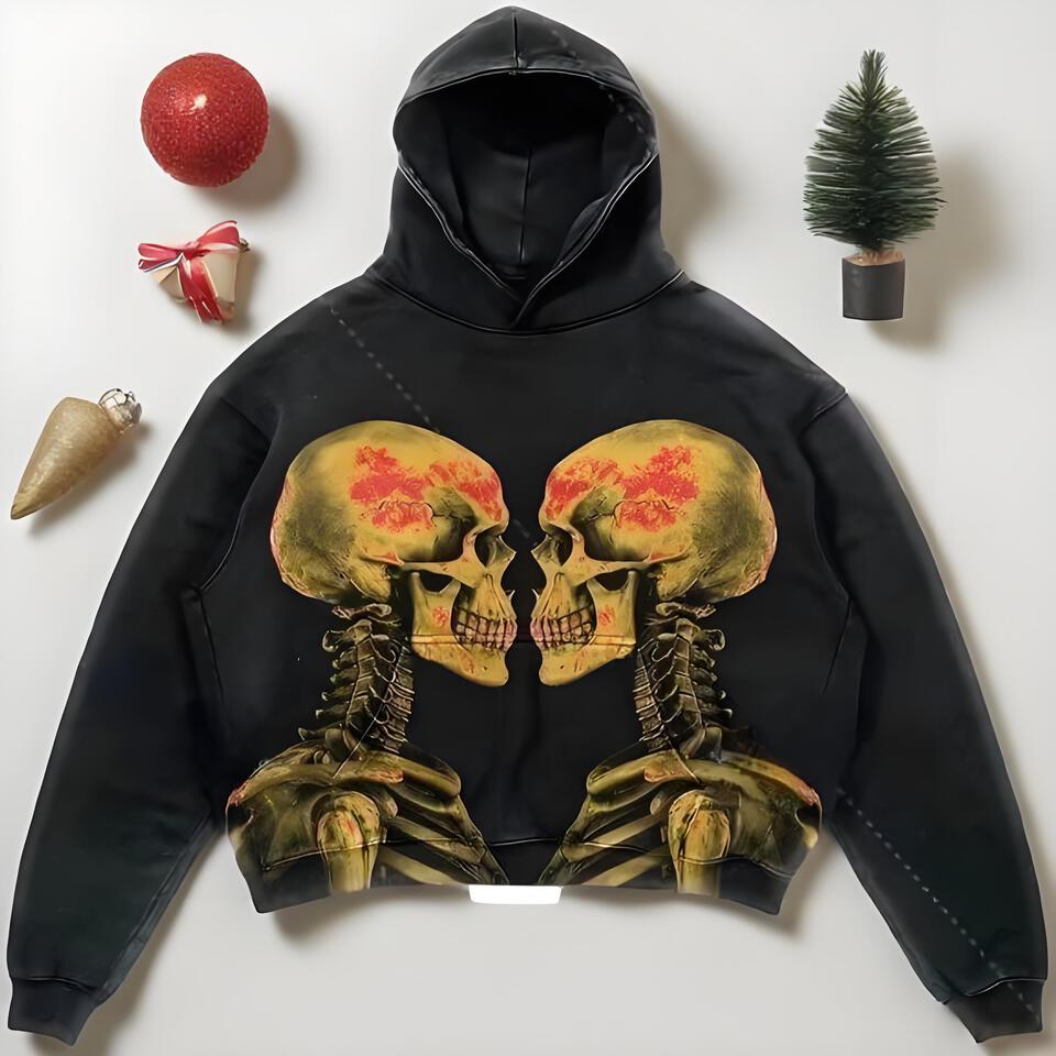 Dark Street Hooded Fleece Sweatshirt Unisex Skull Print Loose Casual