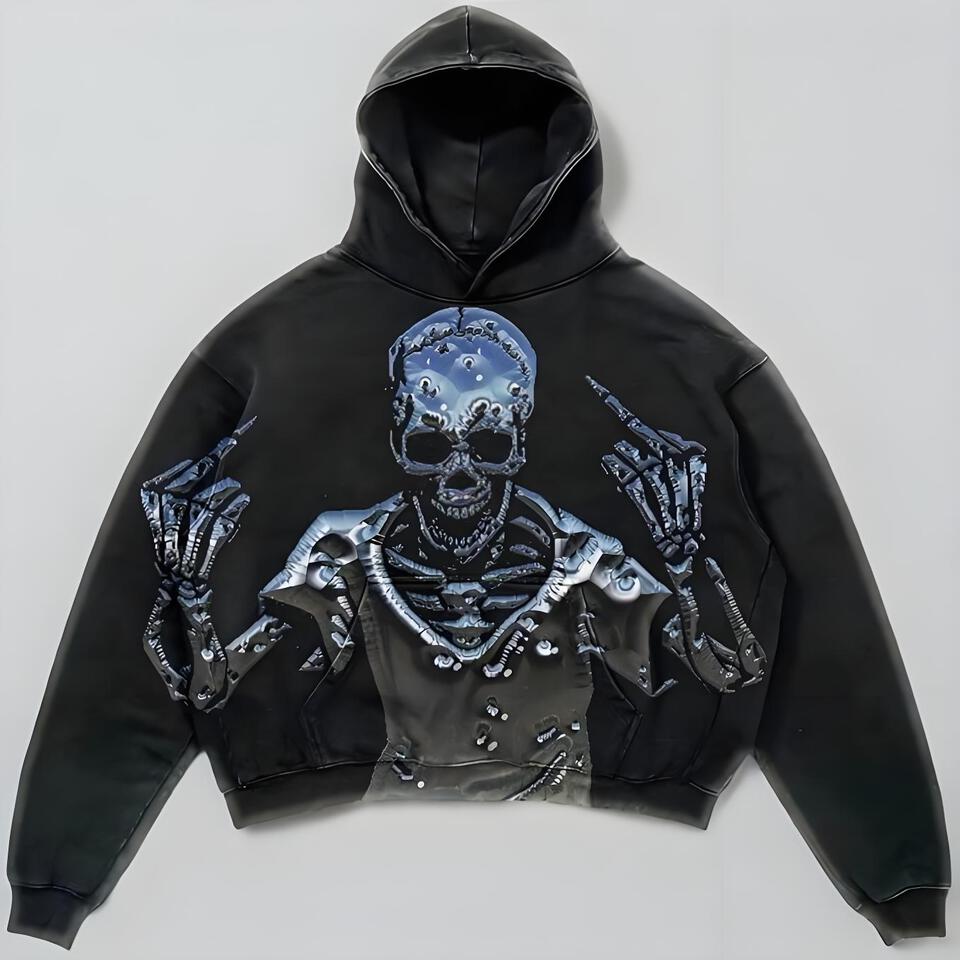Dark Street Silver Skull Print Fleece Hooded Sweatshirt