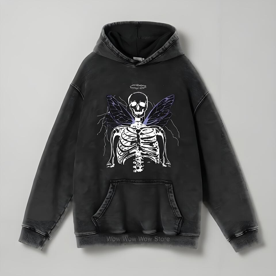 Dark Vintage Hoodie With Gothic Skeleton Print