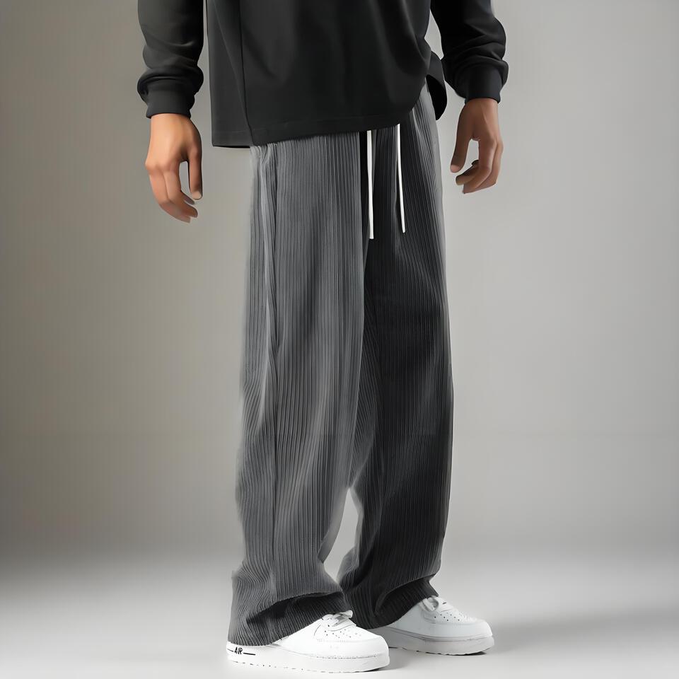 Deep Gray Striped Drawstring Waist Wide-Leg Pants Casual Trendy Classic