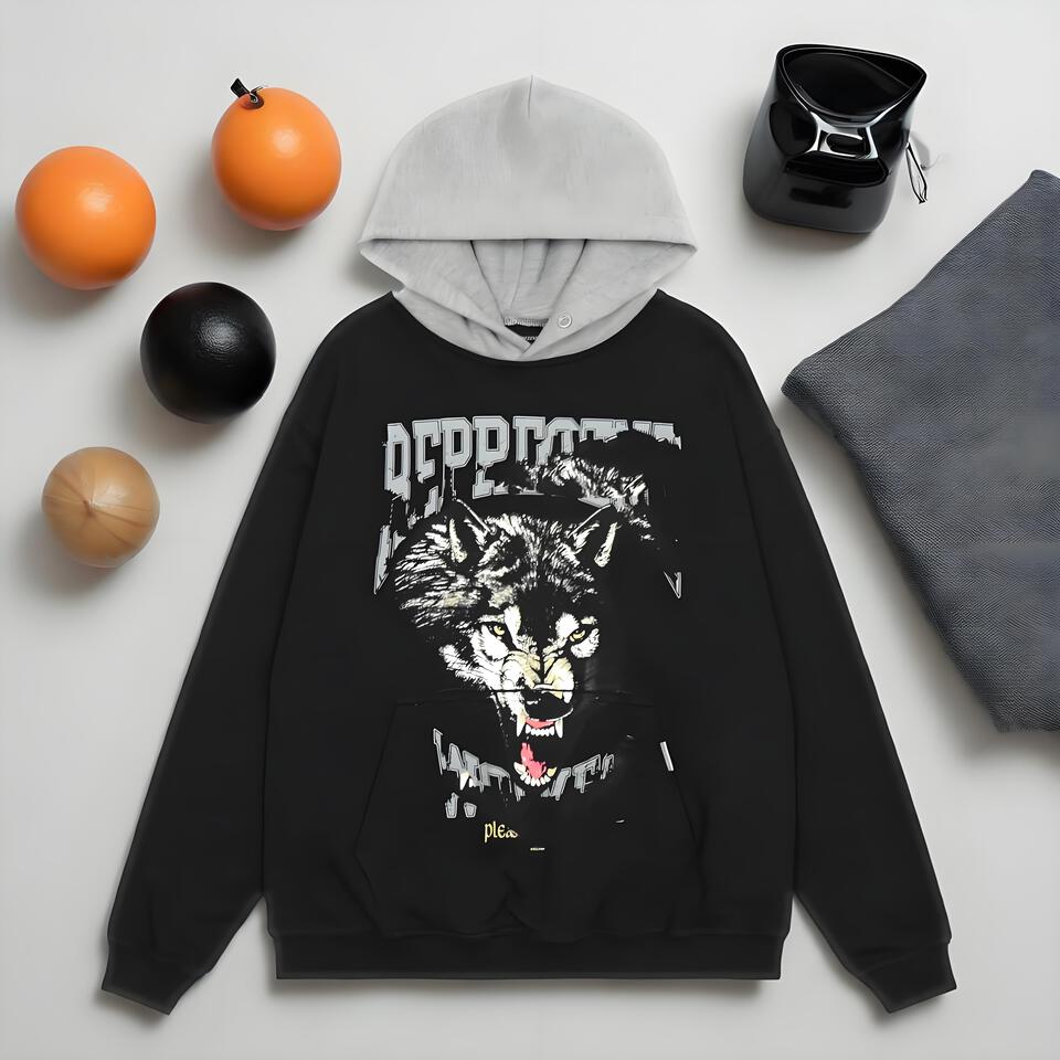 DEPROT Hooded Wolf Print Black Cotton Sweatshirt