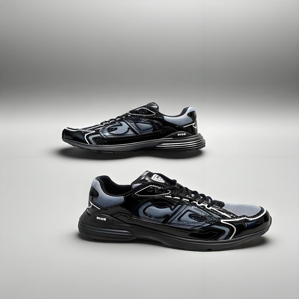DIOR CD1 Black Grey Patent Leather Mesh Sneakers