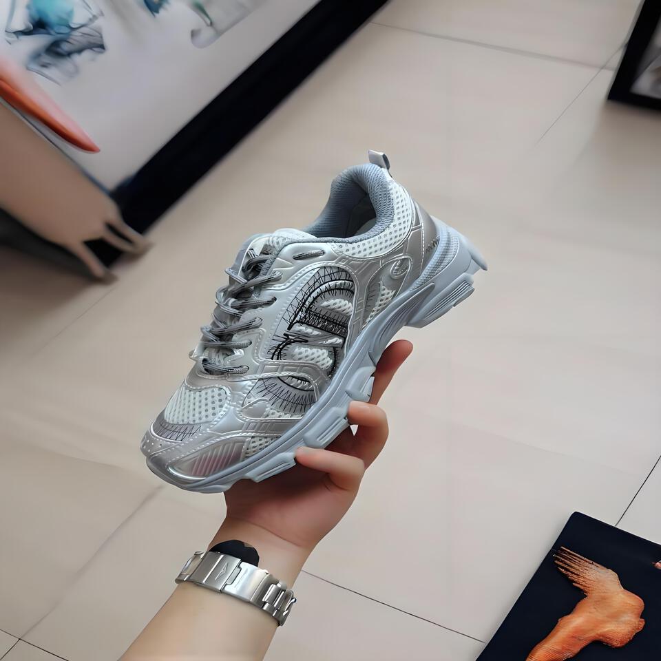 Dior Chrono Gray Mesh Sneakers with Silver Laminated Leather