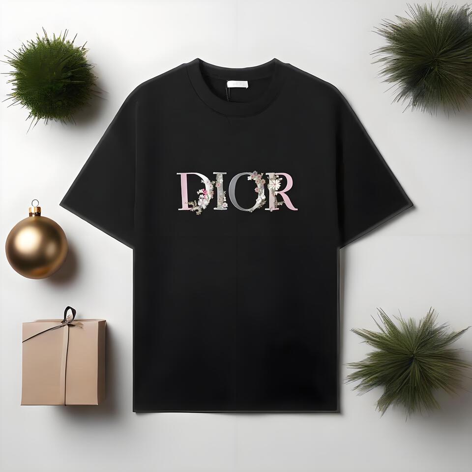 DIOR Cotton Unisex Black Short Sleeve T-Shirt With Print