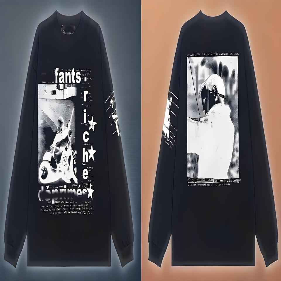 D'sprimes Black Cotton Loose Print T-Shirt Unisex Streetwear Long Sleeve Top