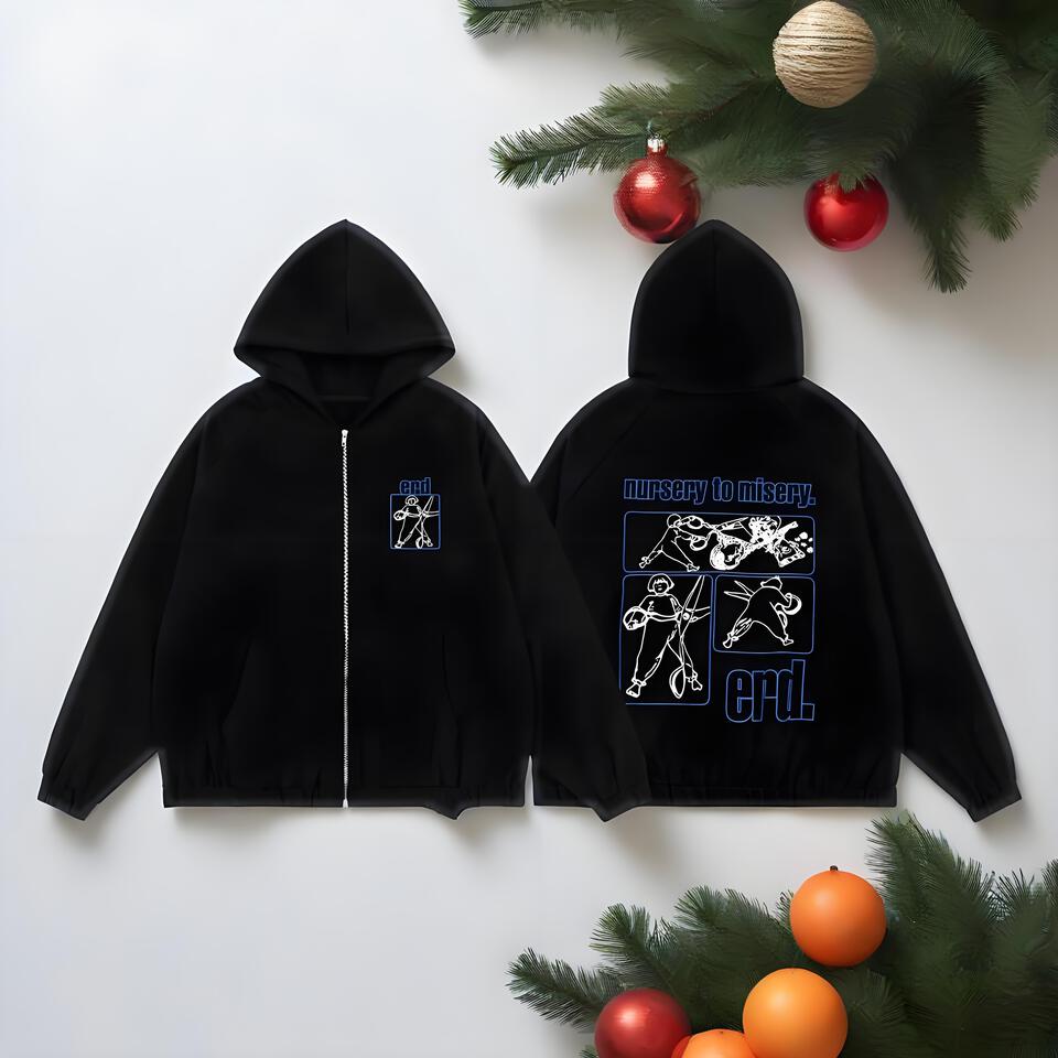 ERD Black Cotton Hooded Zip Up Streetwear Jacket